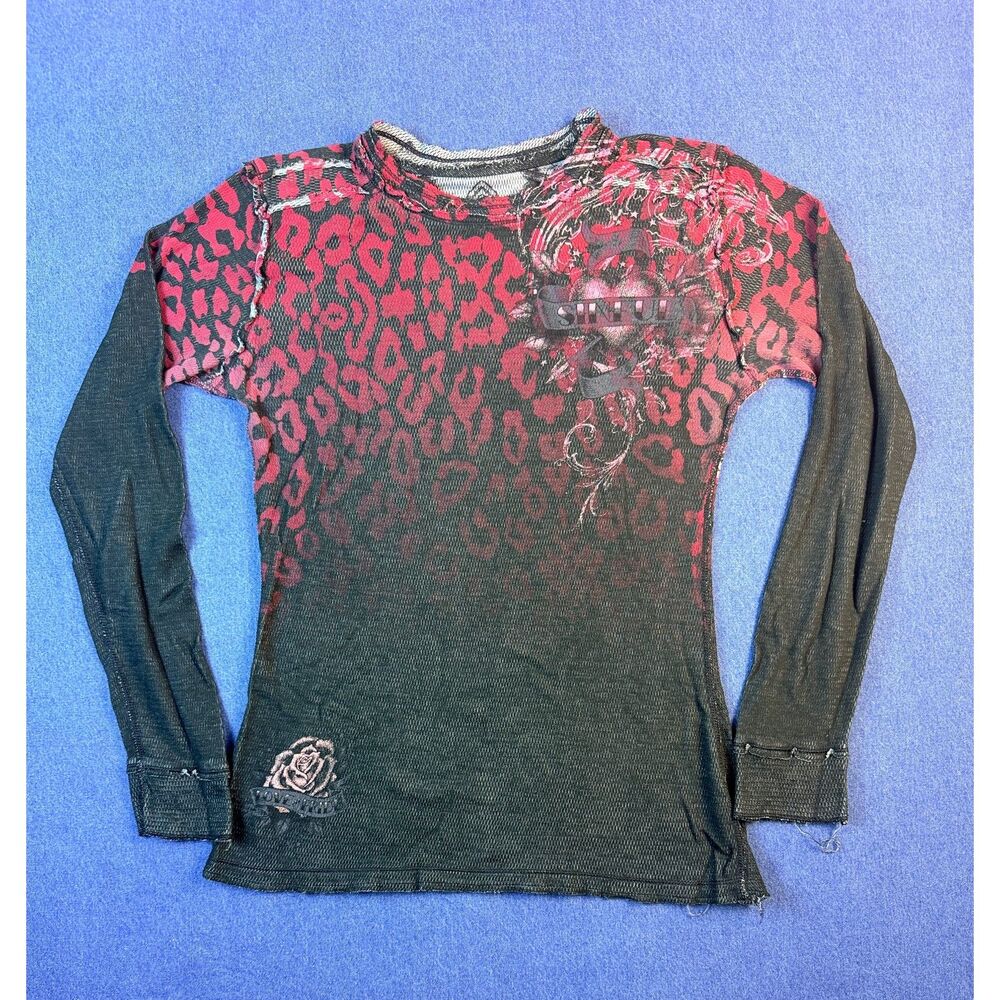 Y2K Sinful Women’s Black Red Leopard Rose Heart Cyber Long Sleeve Top